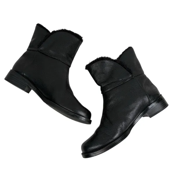 H by Halston Olga Women's 5.5 Black Leather Ankle Boots Slip On Faux Fur Inside
