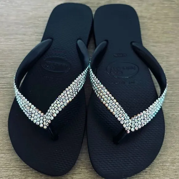 Havaianas Black Crystal Sparkly Thong Flip Flops Sandals 41-42