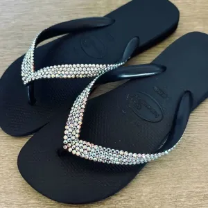 Havaianas Black Crystal Sparkly Thong Flip Flops Sandals 41-42