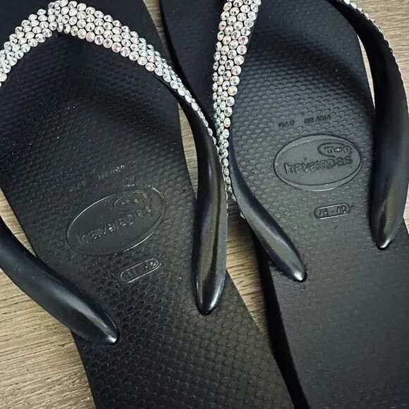 Havaianas Black Crystal Sparkly Thong Flip Flops Sandals 41-42