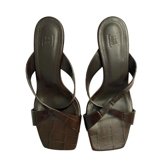 Helsa Band Kitten Heel Sandals Croc Leather Square Toe Party Formal Gala Sz 36.5
