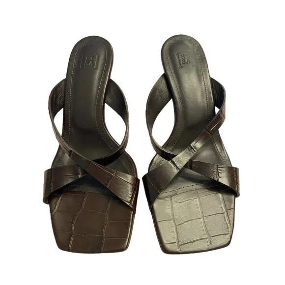Helsa Band Kitten Heel Sandals Croc Leather Square Toe Party Formal Gala Sz 36.5