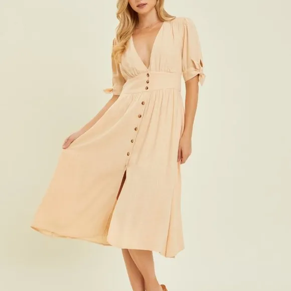 HEYSON Full Size Textured Linen V-Neck Button-Down Midi Dress