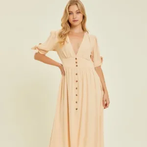 HEYSON Full Size Textured Linen V-Neck Button-Down Midi Dress