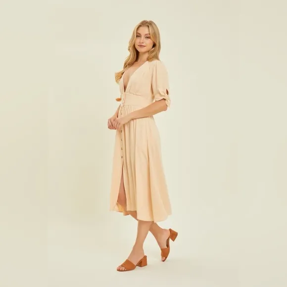 HEYSON Textured Linen V-Neck Button-Down Midi Dress