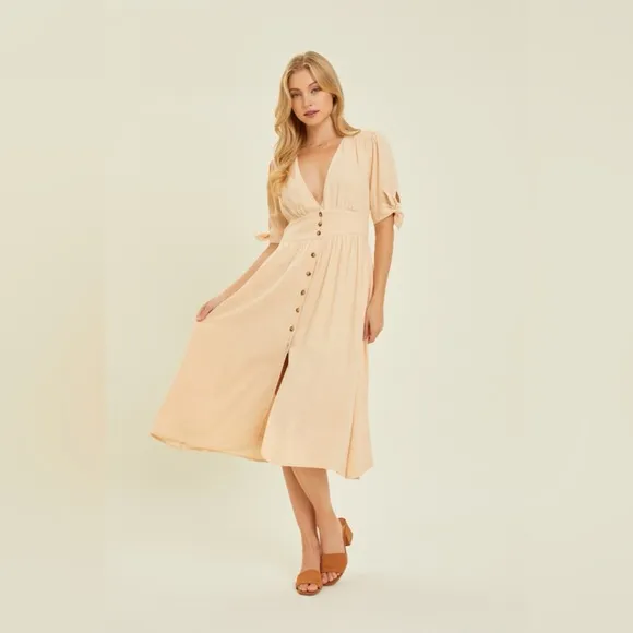 HEYSON Textured Linen V-Neck Button-Down Midi Dress