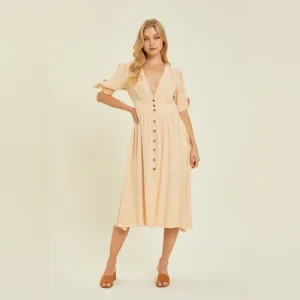 HEYSON Textured Linen V-Neck Button-Down Midi Dress