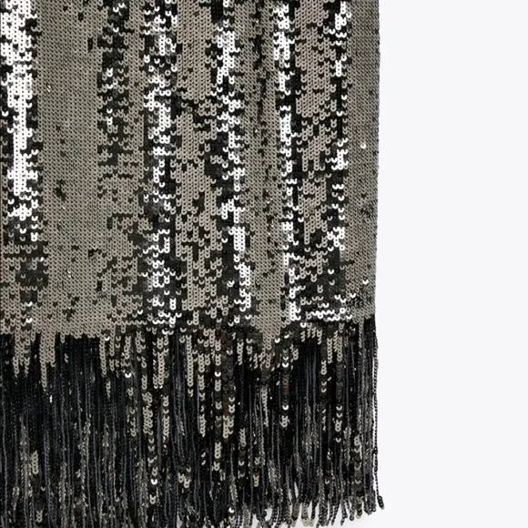 💥HOT ITEM!💥1920's Flapper Style Fringe Pencil Midi Skirt in Silver Sequin