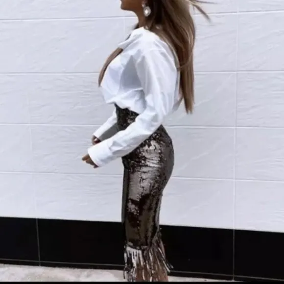 💥HOT ITEM!💥1920's Flapper Style Fringe Pencil Midi Skirt in Silver Sequin
