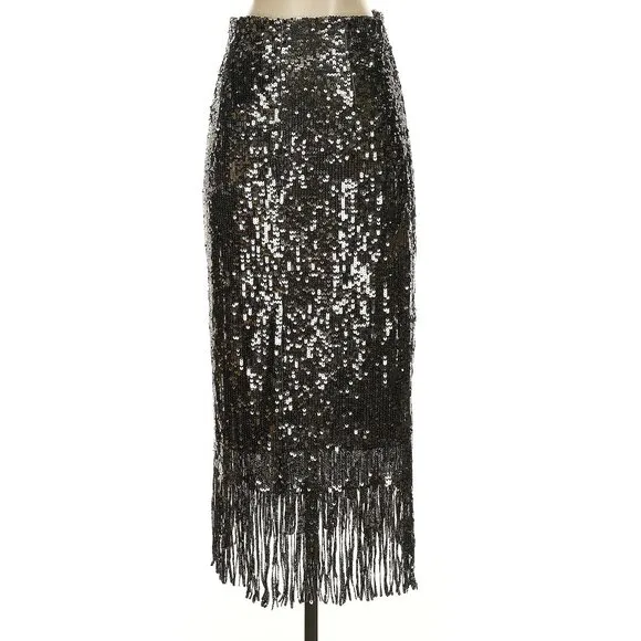 💥HOT ITEM!💥1920's Flapper Style Fringe Pencil Midi Skirt in Silver Sequin