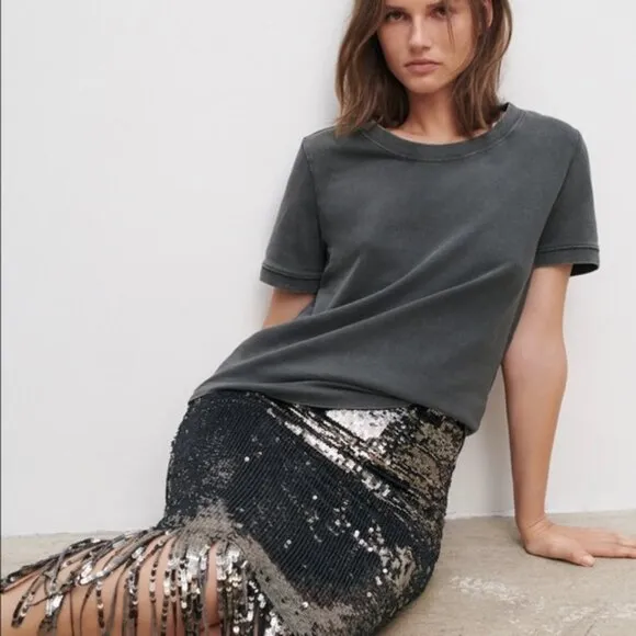 💥HOT ITEM!💥1920's Flapper Style Fringe Pencil Midi Skirt in Silver Sequin