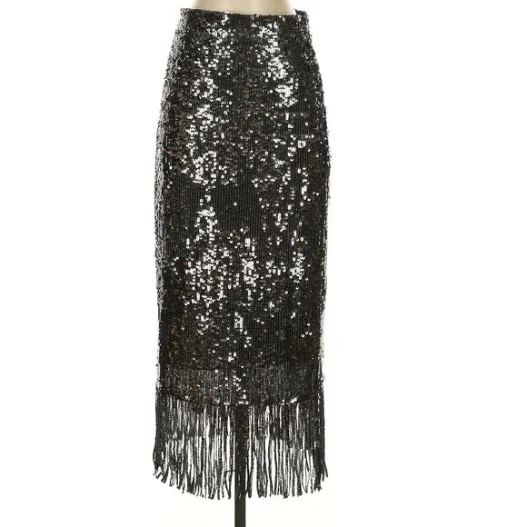 💥HOT ITEM!💥1920's Flapper Style Fringe Pencil Midi Skirt in Silver Sequin