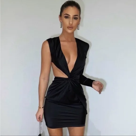 HOUSE OF CB 'Zemora' Black Draped Satin Mini Dress NWOT
