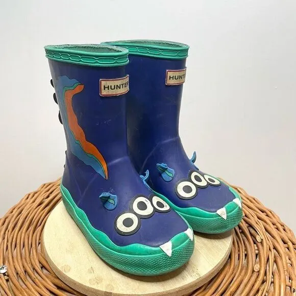 Hunter Sea Monster Rain Boots Blue Alien Blue Slip On Rubber Outdoor Kids Boy 8