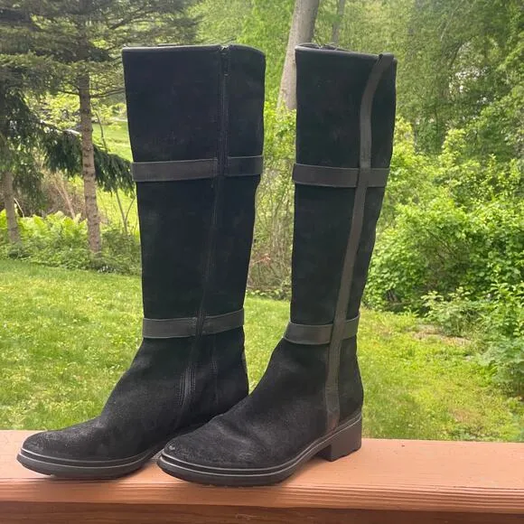 Hunter Willingen Tall Black Suede/Leather Boots w Size Zip - Size 7 1/2