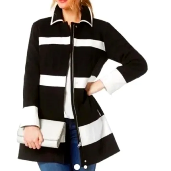 INC BLK WHT Striped Peacoat 2X