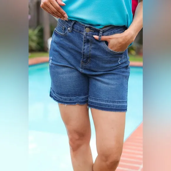 Indigo Blue High Rise Release Hem Distressed Jean Shorts