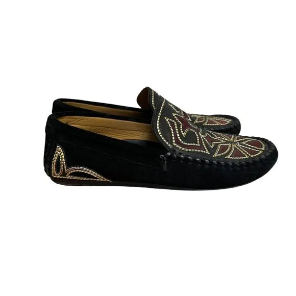 Isabel Marant Finha Embroidered Velvet Black Suede Leather Loafers Size 6
