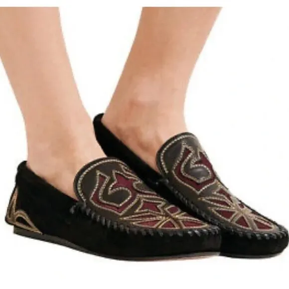 Isabel Marant Finha Embroidered Velvet Black Suede Leather Loafers Size 6