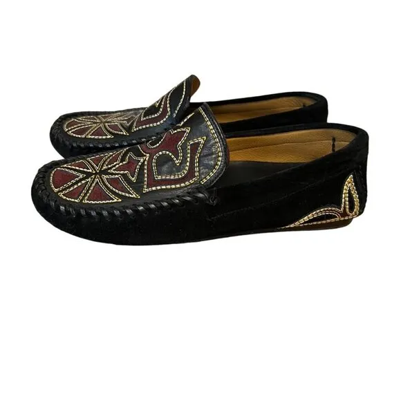 Isabel Marant Finha Embroidered Velvet Black Suede Leather Loafers Size 6