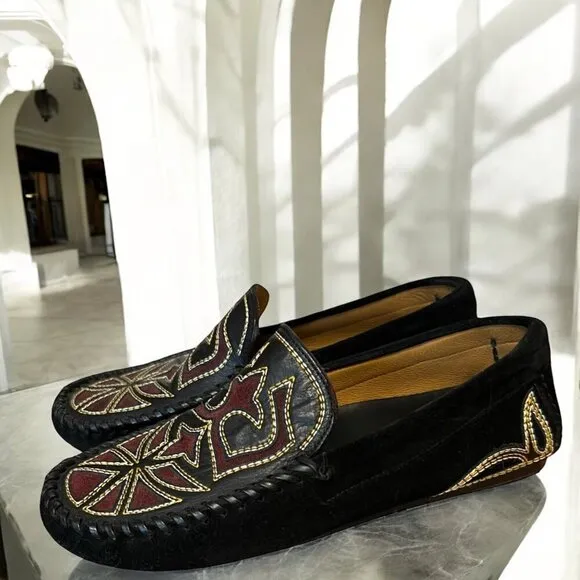 Isabel Marant Finha Embroidered Velvet Black Suede Leather Loafers Size 6