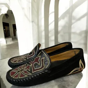 Isabel Marant Finha Embroidered Velvet Black Suede Leather Loafers Size 6