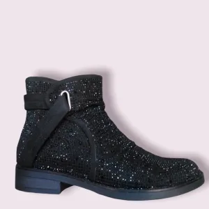 Italina Black Metallic Glitter Rhinestone Low Heel Comfy Slip-On Ankle Bootie 10
