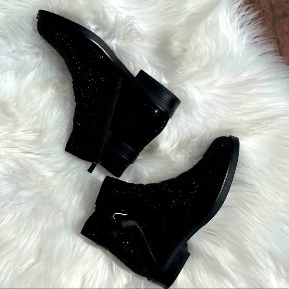 Italina Black Metallic Glitter Rhinestone Low Heel Comfy Slip-On Ankle Bootie 10