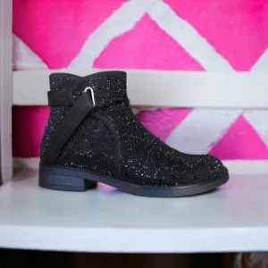 Italina Black Metallic Rhinestone EmbellishedLow Heel Slip-On Fancy Ankle Bootie