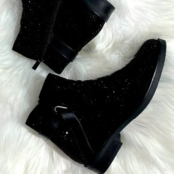 Italina Black Metallic Rhinestone EmbellishedLow Heel Slip-On Fancy Ankle Bootie