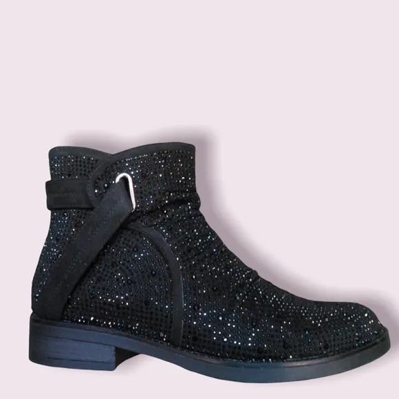 Italina Black Metallic Rhinestone EmbellishedLow Heel Slip-On Fancy Ankle Bootie