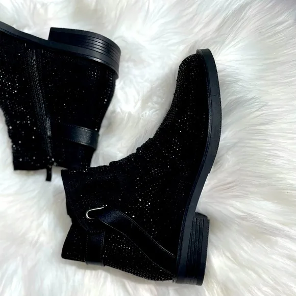 Italina Black Metallic Rhinestone EmbellishedLow Heel Slip-On Fancy Ankle Bootie