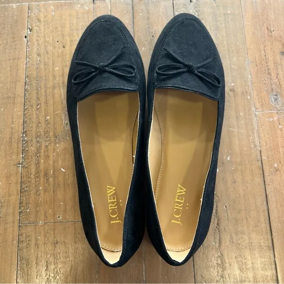 J crew black suede bow loafers flats almond toe academia casual women’s 8 NWOB