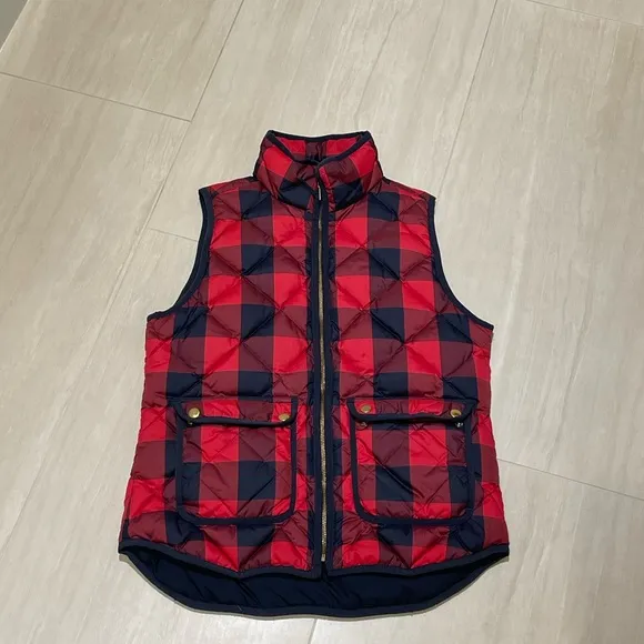 J. Crew Buffalo Plaid Puffer Vest - Red &amp; Navy Blue