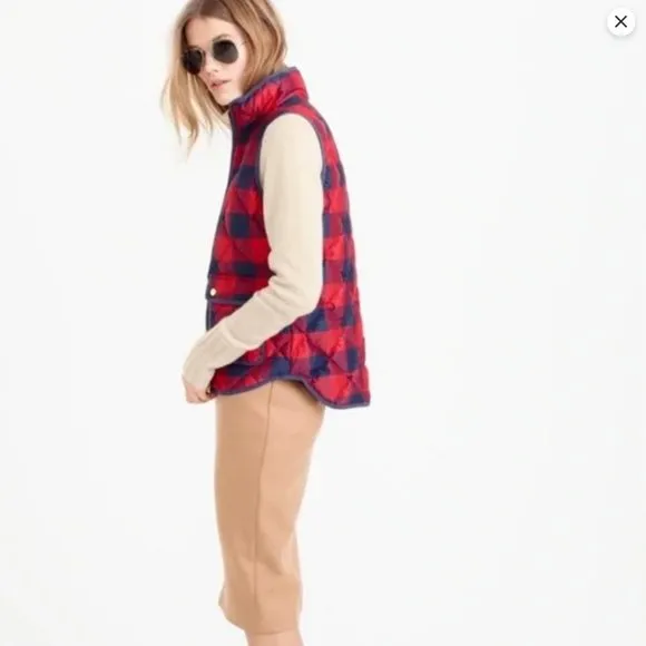 J. Crew Buffalo Plaid Puffer Vest - Red &amp; Navy Blue