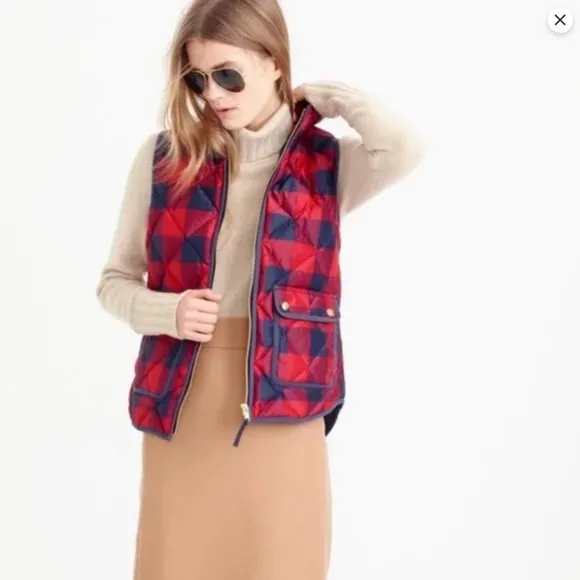 J. Crew Buffalo Plaid Puffer Vest - Red &amp; Navy Blue