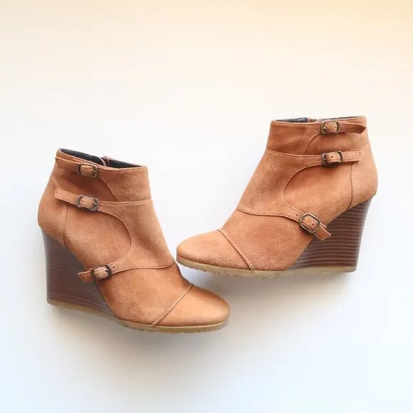 J. Crew Greer Tan / Brown Suede Wedge Round Toe Ankle Boots / Booties Size 8