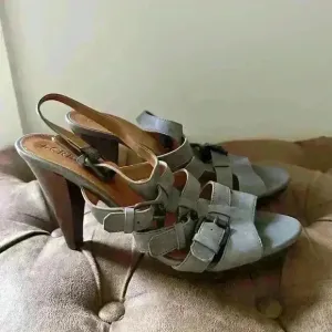 J Crew High Heel Grey Leather Buckle Sandals