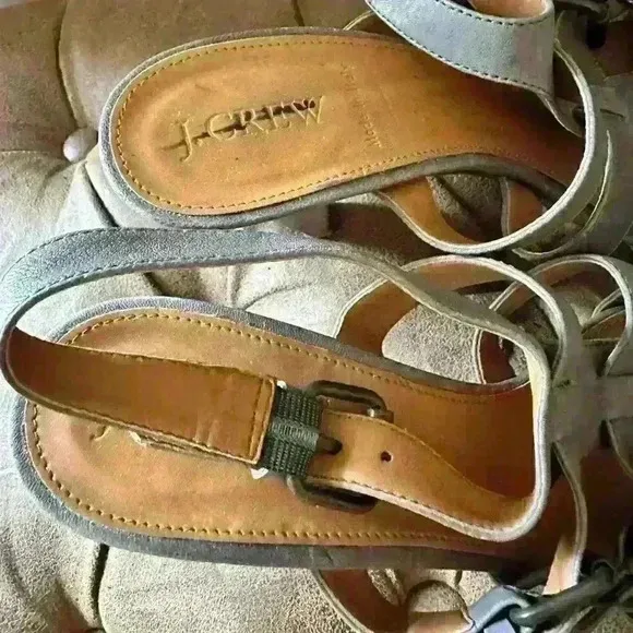 J Crew High Heel Grey Leather Buckle Sandals