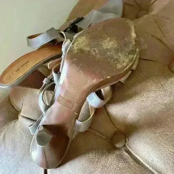J Crew High Heel Grey Leather Buckle Sandals