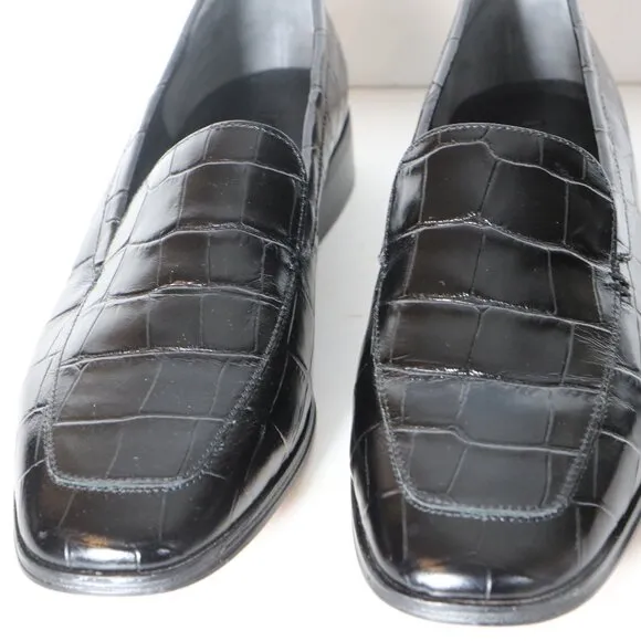 J Crew Maison Loafers Croc Emossed Italian Leather Womens 10.5 Black Square Toe