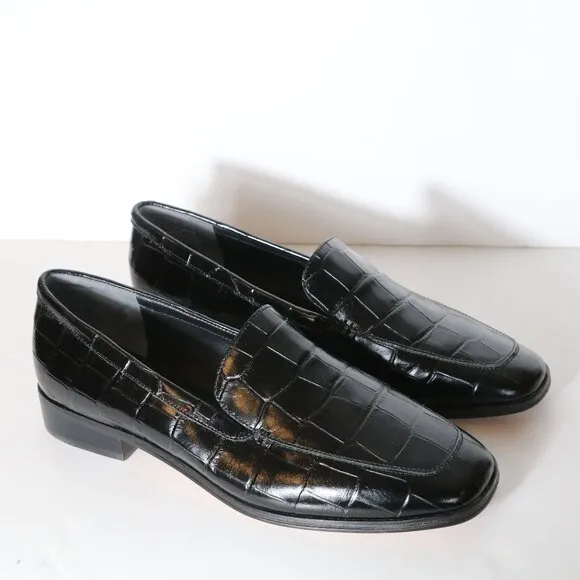 J Crew Maison Loafers Croc Emossed Italian Leather Womens 10.5 Black Square Toe