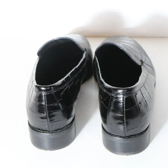 J Crew Maison Loafers Croc Emossed Italian Leather Womens 10.5 Black Square Toe