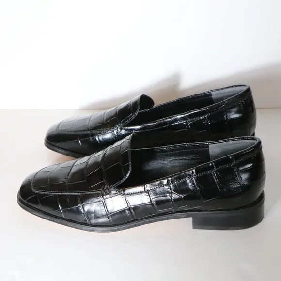J Crew Maison Loafers Croc Emossed Italian Leather Womens 10.5 Black Square Toe