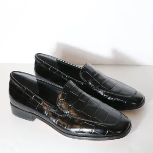 J Crew Maison Loafers Croc Emossed Italian Leather Womens 10.5 Black Square Toe