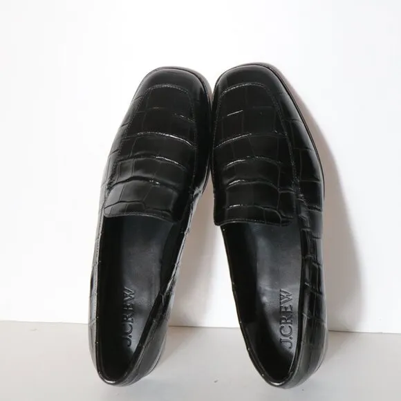 J Crew Maison Loafers Croc Emossed Italian Leather Womens 10.5 Black Square Toe