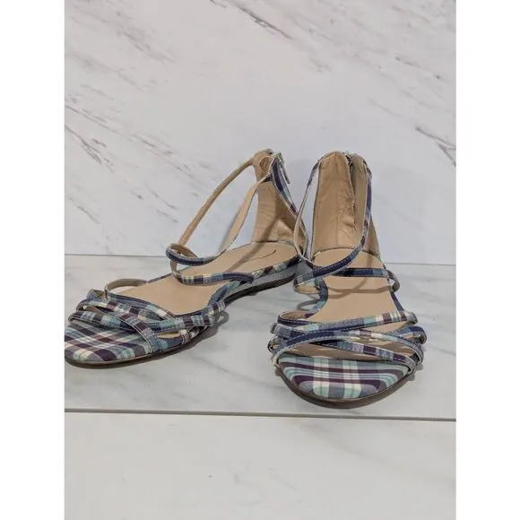 J. Crew Women's Multi-Color Plaid Ankle Strap Flat Silver Glitter Wedge Sandals