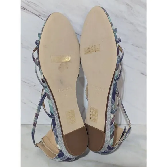 J. Crew Women's Multi-Color Plaid Ankle Strap Flat Silver Glitter Wedge Sandals