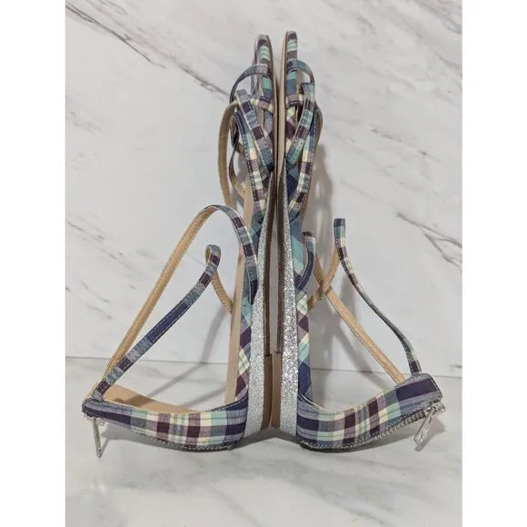 J. Crew Women's Multi-Color Plaid Ankle Strap Flat Silver Glitter Wedge Sandals