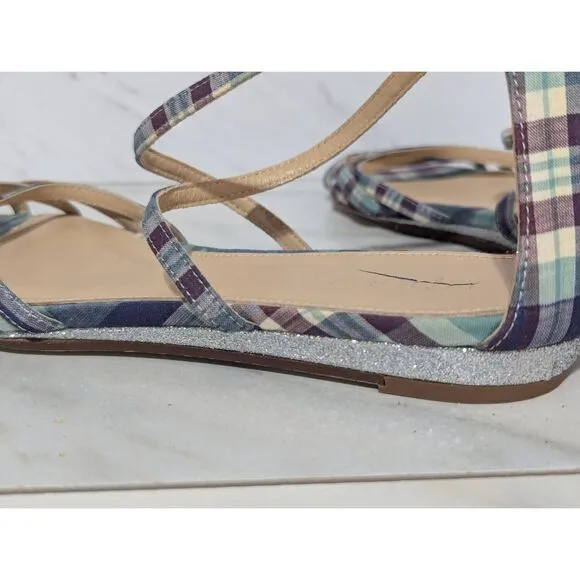 J. Crew Women's Multi-Color Plaid Ankle Strap Flat Silver Glitter Wedge Sandals